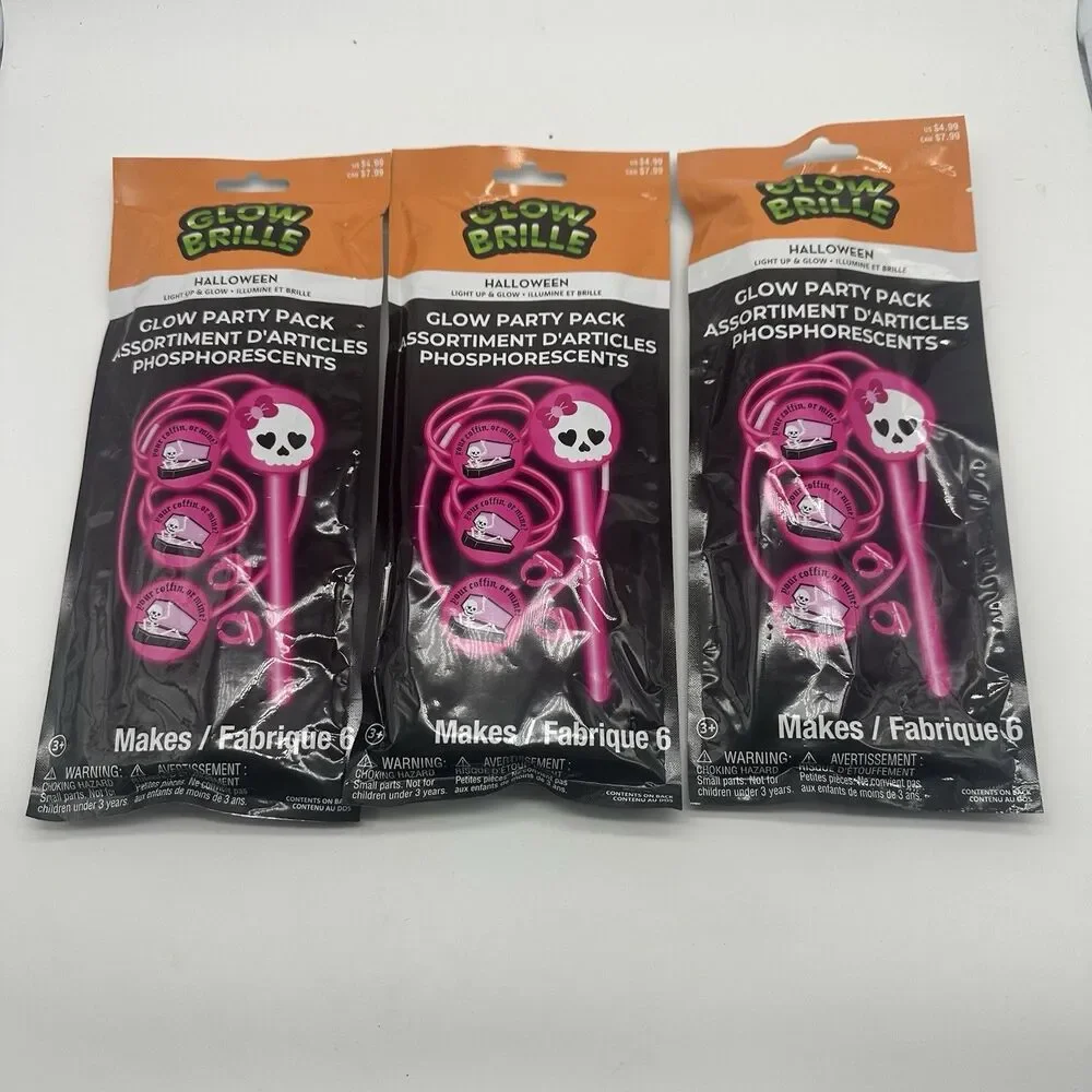 Lot of 10 Glow Brille Halloween Glow Party Pack Pink Skull Coffin Sticks Rings